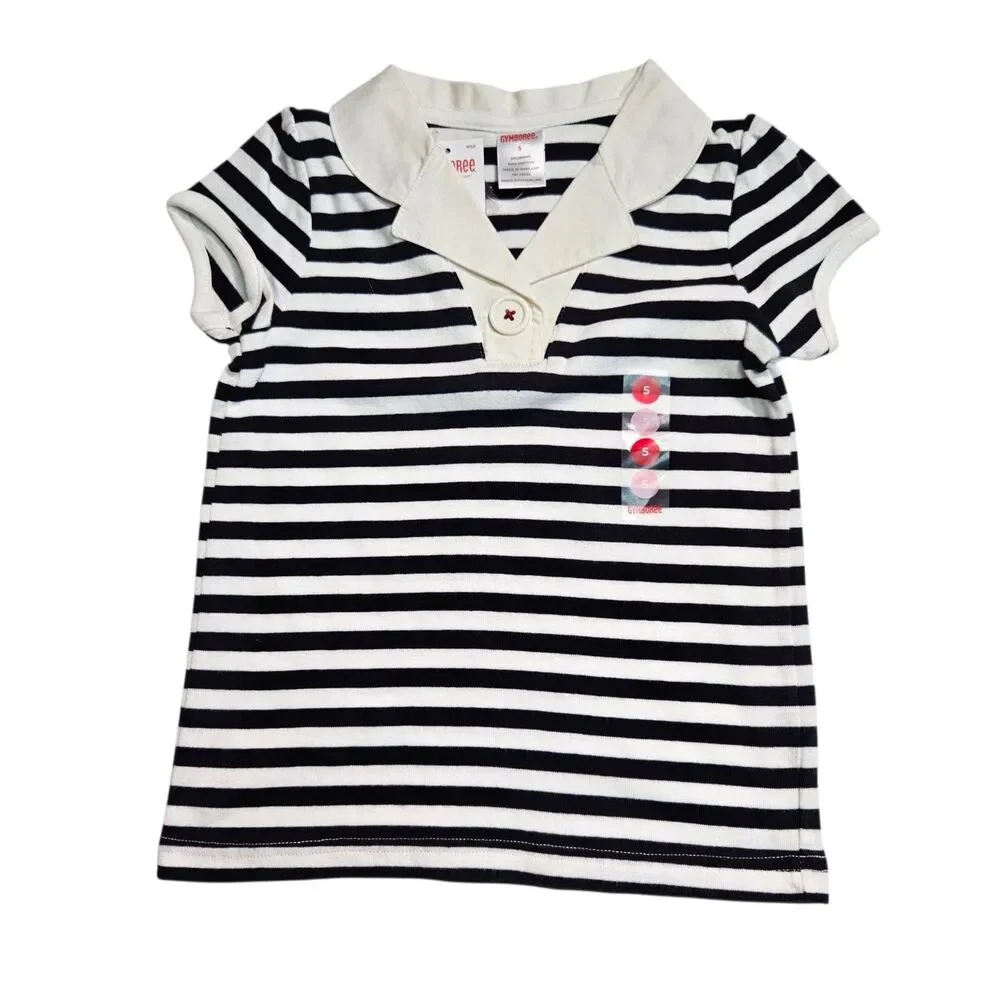 Vintage Gymboree Top Girls Size 5 Black White Striped Polo Bon Voyage Line NWT
